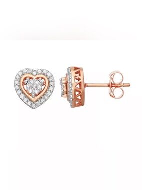 R H Macy & Co 14K Rose Gold Over Sterling Silver Heart Studs 1/10 CT TW Diamond